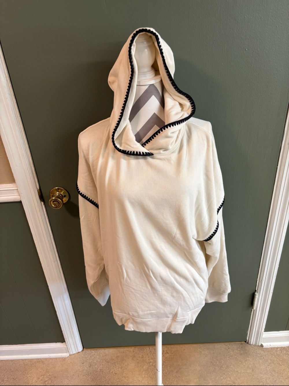 American Eagle Outfitters Cream Hooded Sweater with Black Trim